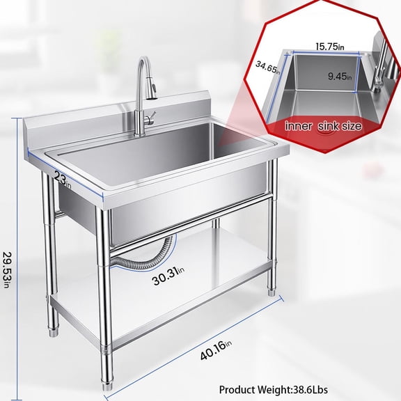 Utility Sink Stainless Steel Freestanding Large Basin Single Bowl Laundry Sink with Pull out Faucet Commercial Restaurant Kitchen Sinks with Backs plash, 40.16in*23in*29.53in (Silver)