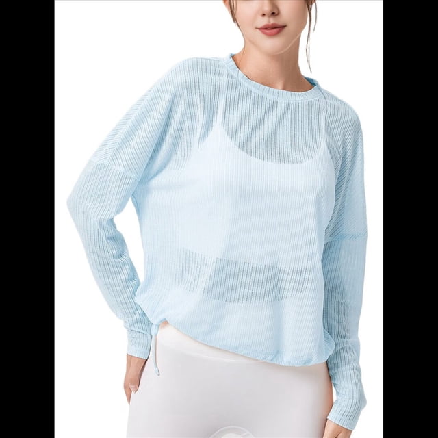 Blusa de Entrenamiento Holgada de Larga con Transparente para Mujer, Cuello Redondo y Mangas Largas Azul M