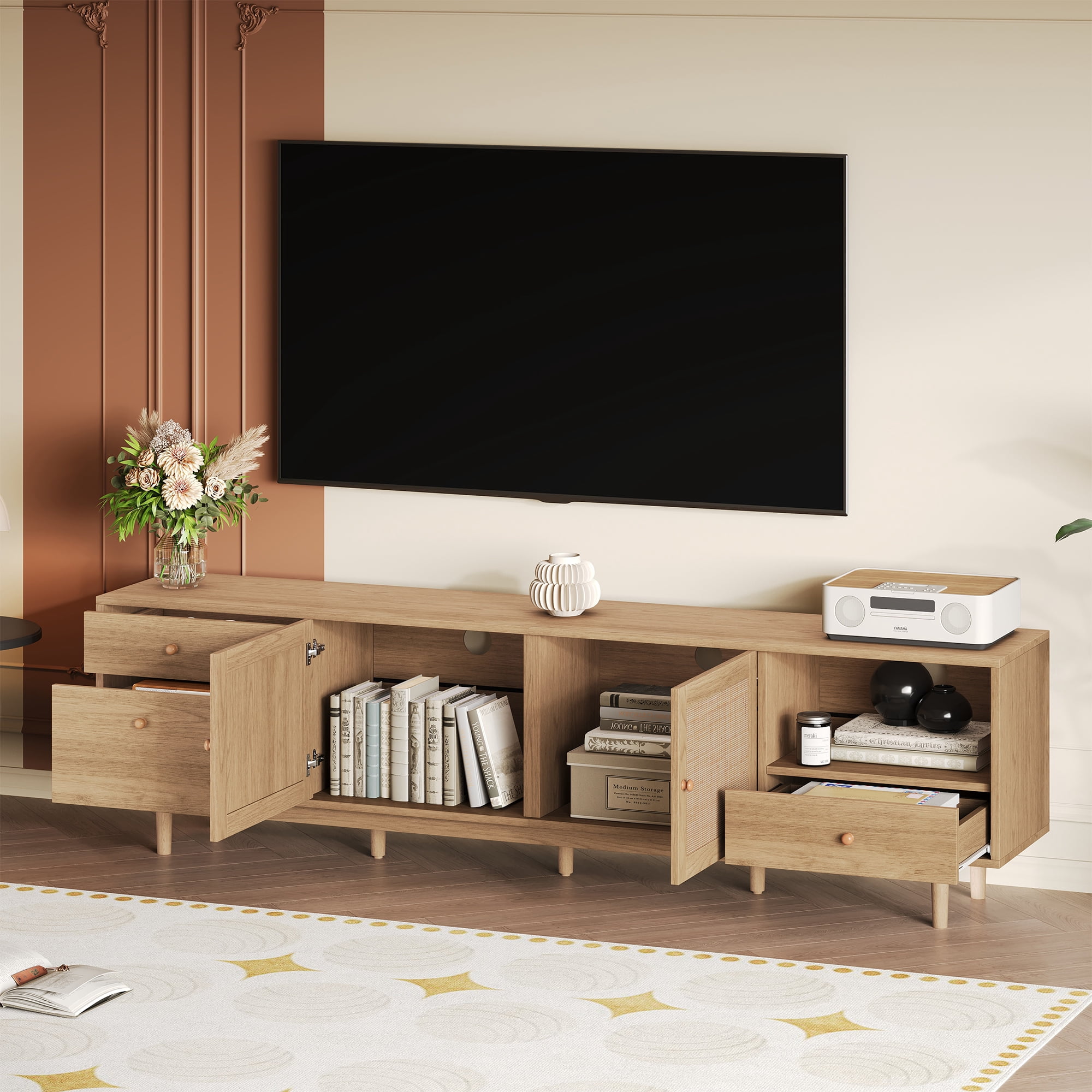 Boho TV Stand for 65 75 85 Inch TV, 76.6 Inch Entertainment Center with Real Rattan Doors, Open Storage and 3 Drawers, Modern Wood Media Console, Natural