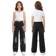 thumbnail image 2 of FEDPOP Girls Baggy Wide Leg Jeans, Elastic Waist Pull-On Denim Pants with Pockets, Casual Loose Teen Jeans, Black, 12-16Y, 2 of 7