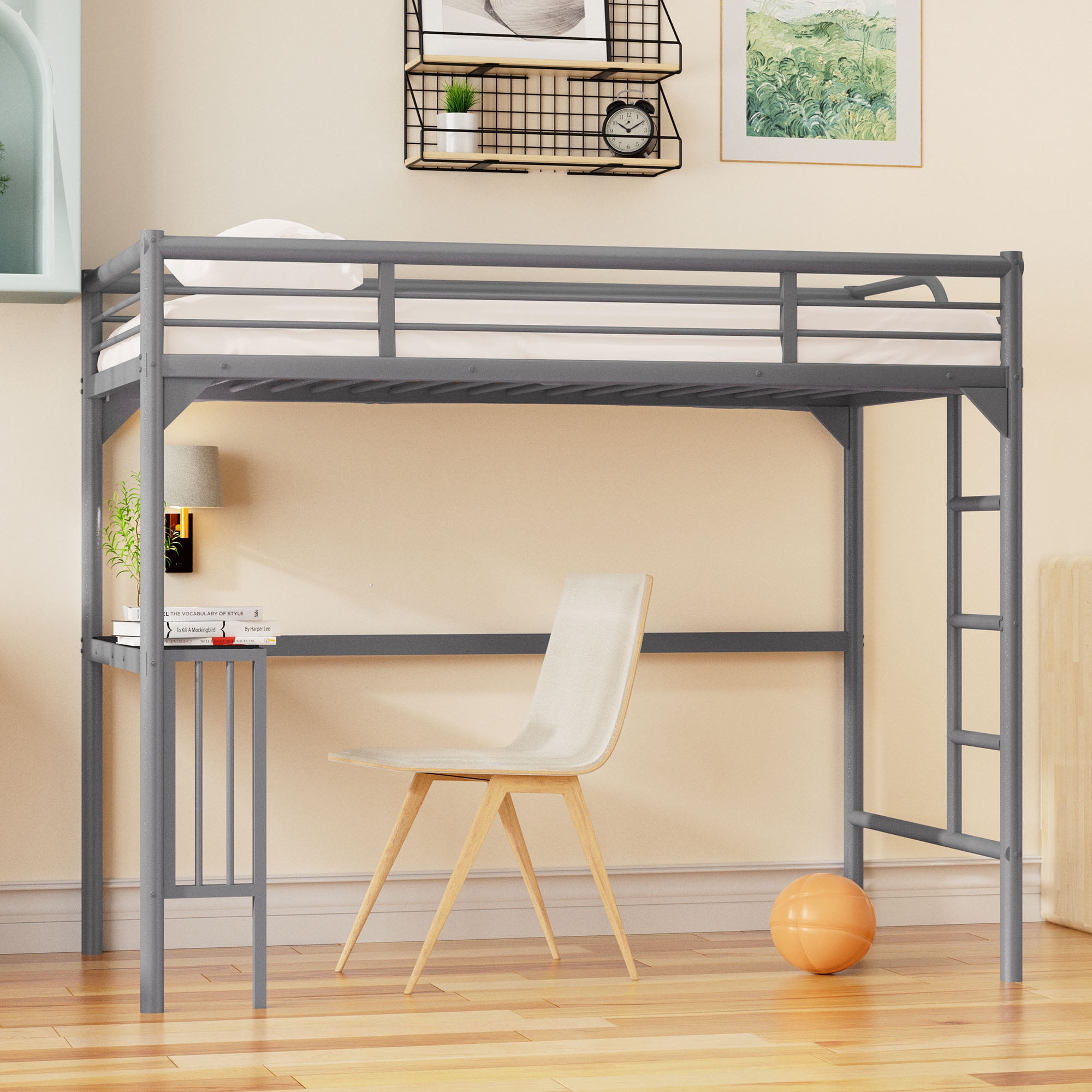 Kumji Twin Loft Bed with Desk, Heavy Duty Metal Loft Bed with Desk