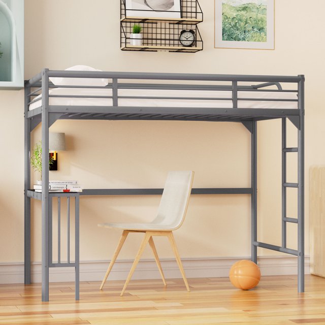 Kumji Twin Loft Bed with Desk, Heavy Duty Metal Loft Bed with Desk