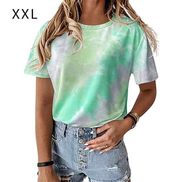 pitrice Femmes T-shirt Col Rond Manches Courtes Cravate-Teinte Imprimé Casual Top, Bleu, M Bleu Ciel XXL