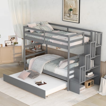 Modstyle Wood Twin Over Twin Bunk Bed with Trundle and Storage Stairs  Gray