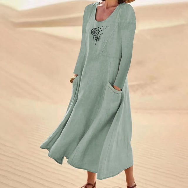 Meichang Robes d'Été Décontractées pour Femmes, Robes Maxi Évasées en Coton et Lin, Manches Longues, Encolure Dégagée, Robes à Imprimé Pissenlit, Robes Amples en Lin avec Poches, Vert P