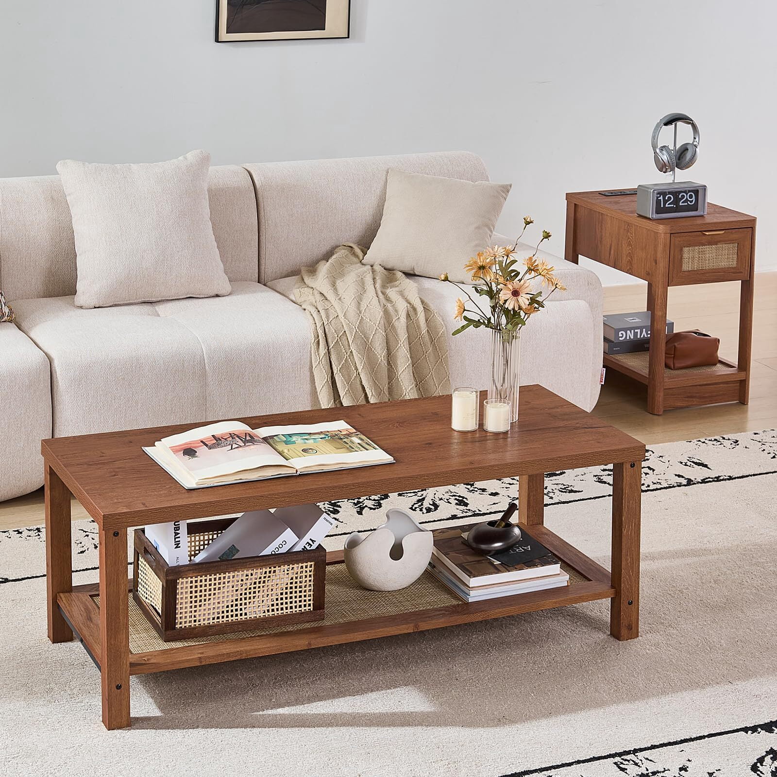 Buildhom Boho Rattan Coffee Table with Woven Open Shelf, Natural Wood Center Table for Living Room, Tea Color