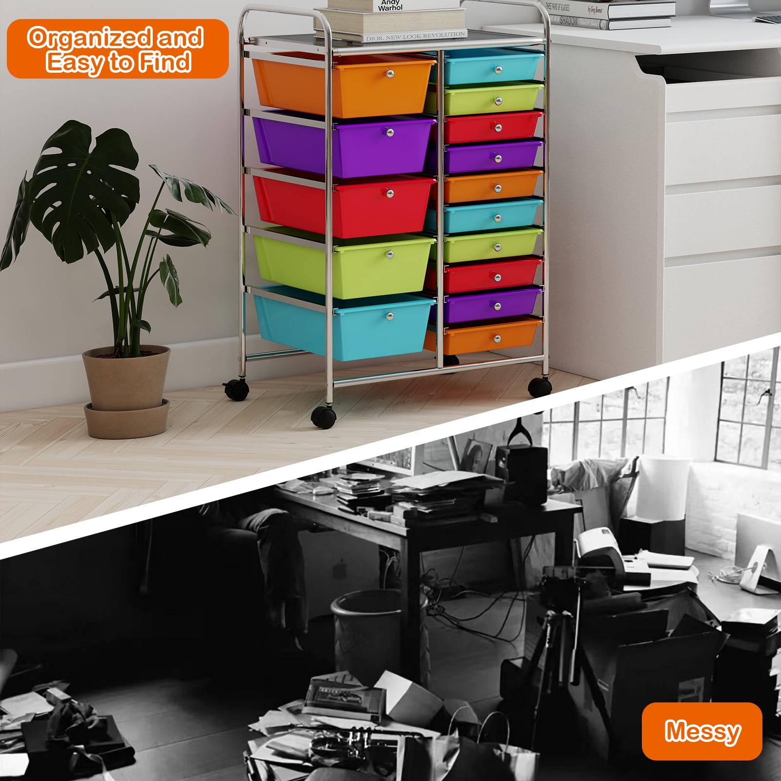 Costway 15-Drawer Rolling Storage Cart Mobile Organizer with Lockable Wheels Multicolor