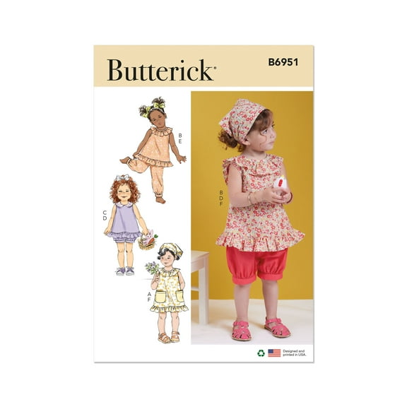 Butterick Sewing Pattern 6951 - Toddlers' Dress, Tops, Shorts, Pants and Kerchief, Size: A (1/2-1-2-3-4)