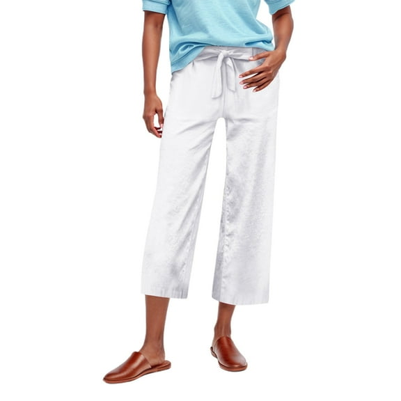 Summer Pants for Women Linen High Waisted Drawstring Culotte Pants Summer Elastic Waist Wide Leg Cropped Capri With Pockets Lady Elastic Waist Pant Training for Women Petite Sparkly Leggings White S