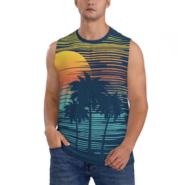 Fotbe Palm Trees Men's Camiseta sin Mangas Estampada para Hombres, Playera Casual para Gimnasio, Entrenamiento, Playa-X-Large
