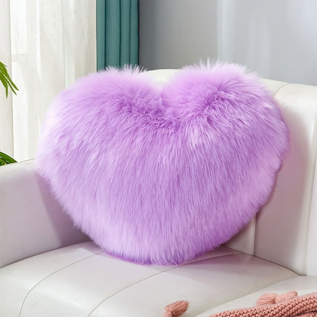Cojín decorativo de lana sintética en forma de corazón – poliéster largo y mullido • Cojín decorativo suave gris, café, rosa, morado, marrón, amarillo • Sofá acogedor de 16x12" con acento para