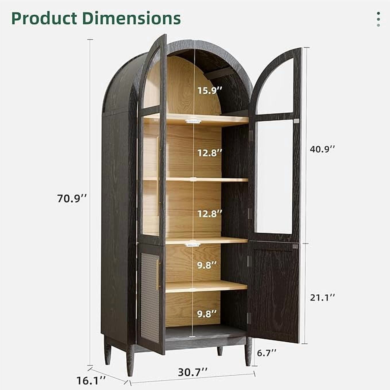 MAYEERTY 71"H Arched Accent Cabinet, Wood Kitchen Pantry Cabinets with Glass Rattan Door and Adjustable Shelf for Living Room, Dining Room, Black