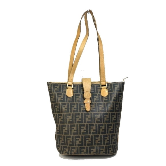 Pre-Owned FENDI Zucca pattern bucket tote bag in PVC and leather, brown, for women (Fair)