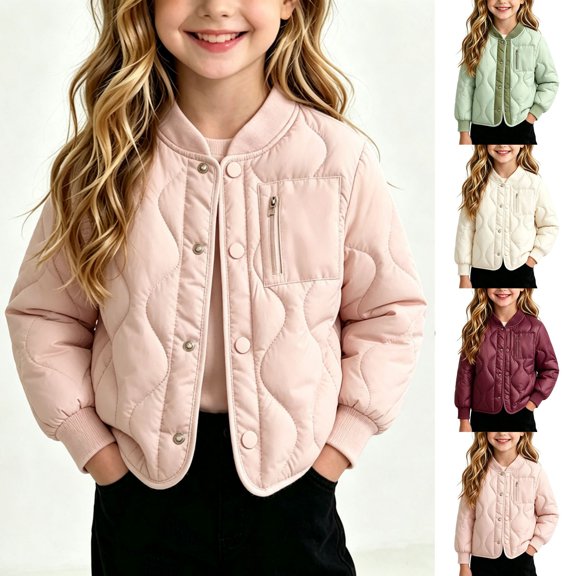 Acaics Girls Jacket, Long Sleeve Snap Button Lightweight Padded Outerwear with Pockets for Fall Winter