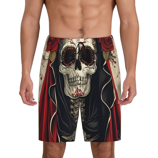 Vsdgher Shorts de Pyjama Gothiques Crâne avec Imprimé Roses pour Hommes Bas de Pyjama Légers avec Poches-Moyen