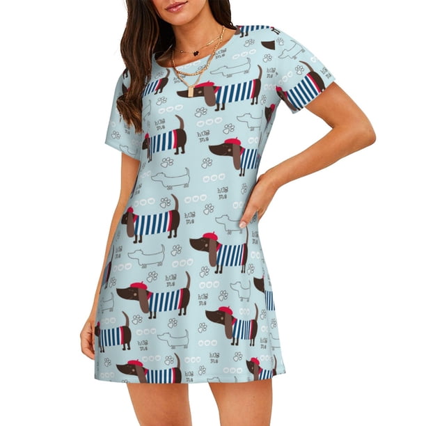 Balery Dachshund Dog Puppy Camisón de manga corta con cuello redondo para mujer, cómodo y elegante.