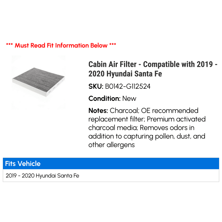 Cabin Air Filter Compatible with 2019 2020 Hyundai Santa Fe