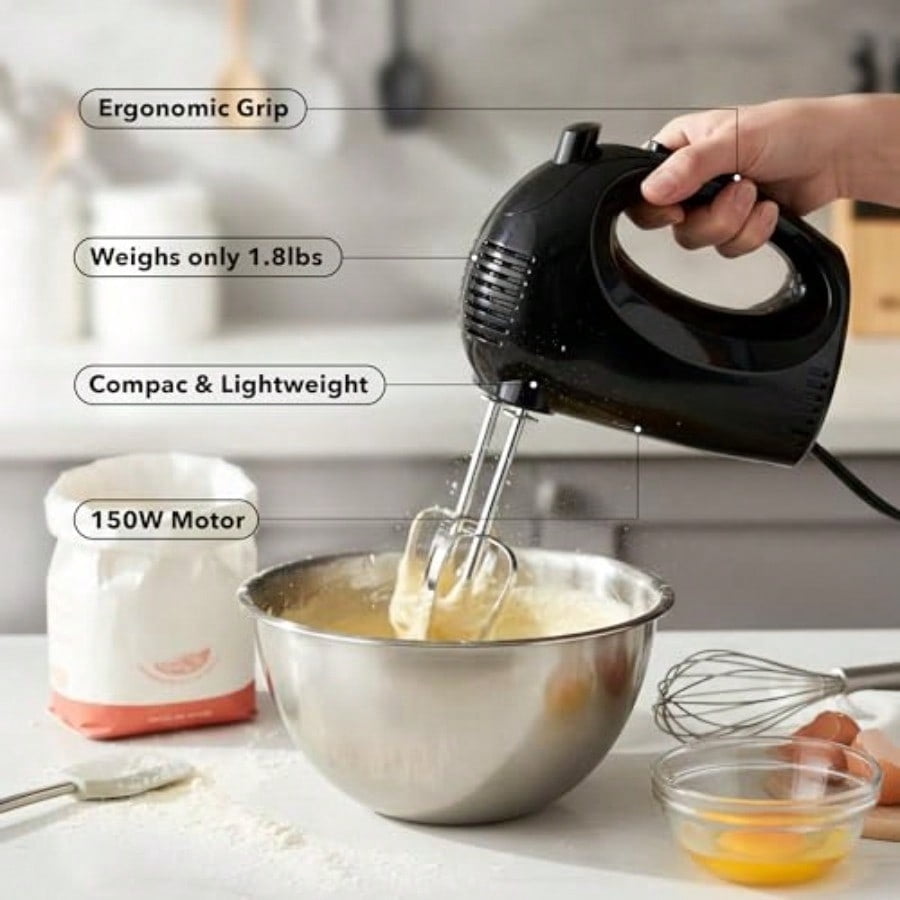 5-Speed Corded Electric Hand Mixer with Stainless Steel Whisks Compact Portable Design with Snap-On Storage Case 150W Lightweight Handheld Mixer for Baking and Cooking Black