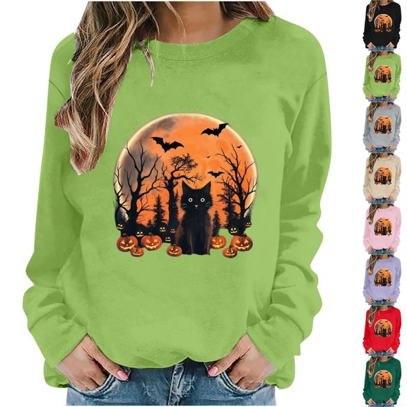Jsaierl Womens Halloween Sweatshirts Plus Size Graphic Pullovers Fall Going Out Crewneck Long Sleeve Shirt Tops Halloween Clothes, Sizes S-2XL