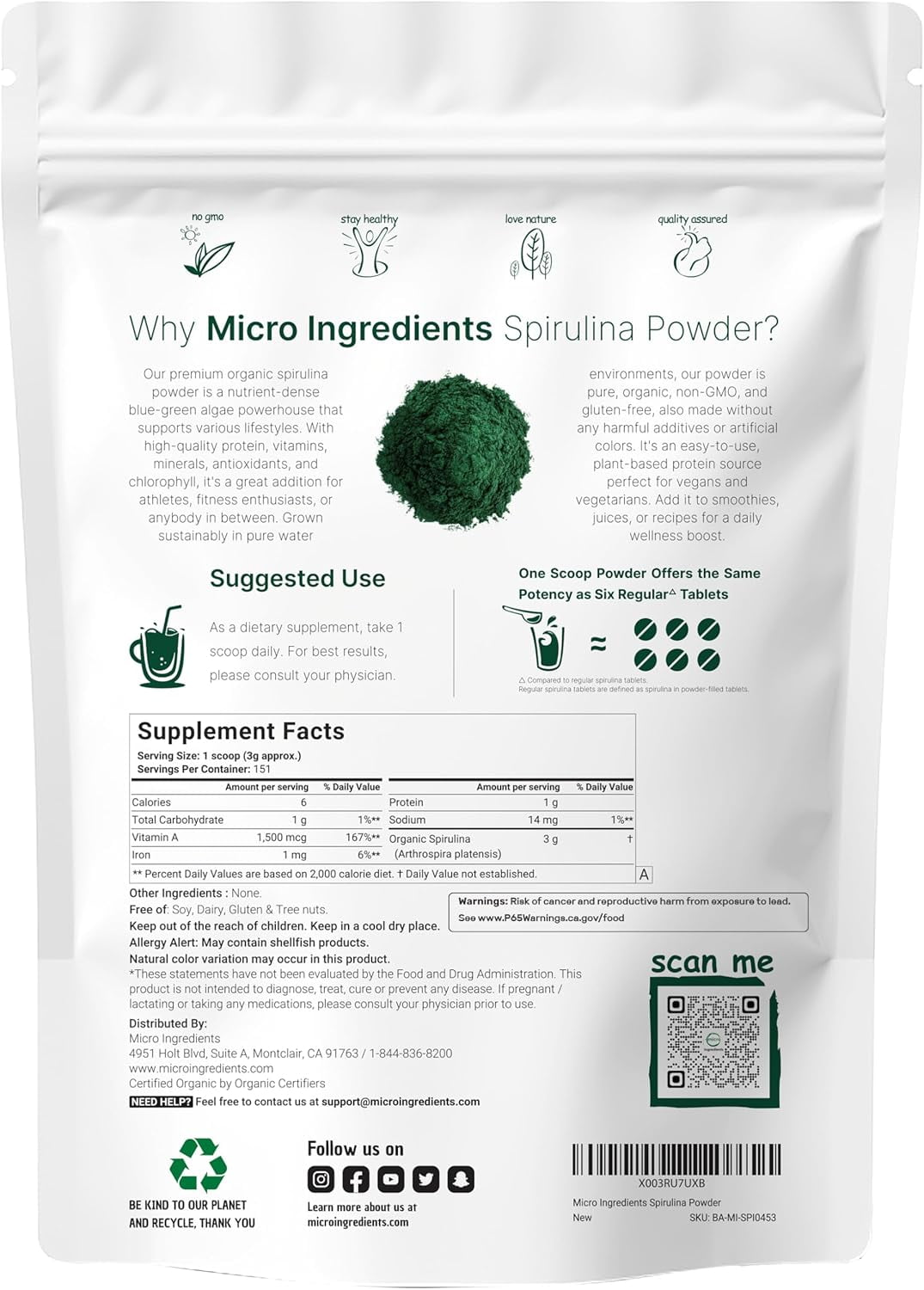 Micro Ingredients Organic Spirulina Powder, 1lb (16oz) | Green Superfood Powder, Rich in Vegan Protein, Vitamins & Minerals