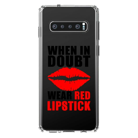 DistinctInk Clear Shockproof Hybrid Case for Samsung Galaxy S10  PLUS (6.4" Screen) - TPU Bumper Acrylic Back Tempered Glass Screen Protector - When in Doubt Where Red Lipstick