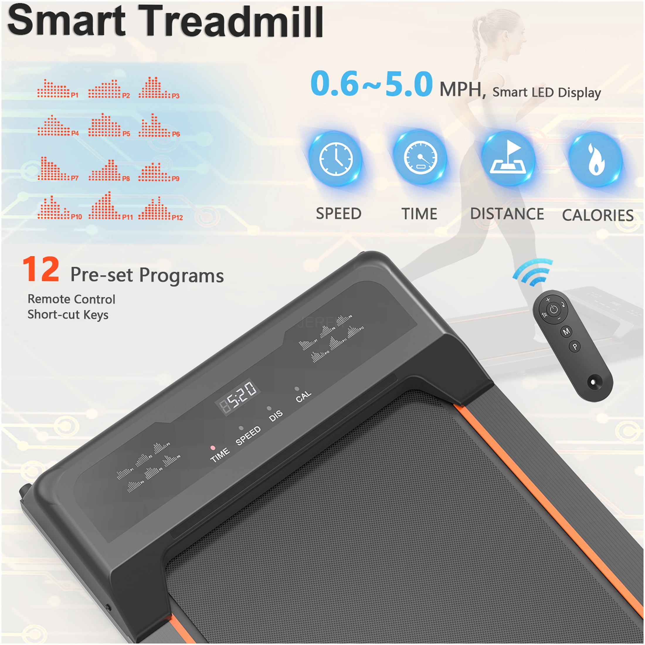 JERFIT Walking Pad Treadmill with Remote, Under Desk Electric Treadmill for Home Office, 2.5HP Portable Walking Machine with LED Display, 265LB Capacity, Black Steel Frame