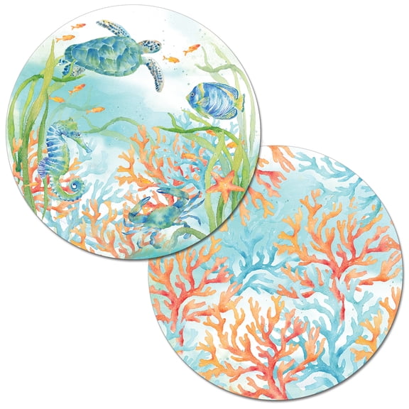 Wipe-Clean Round Reversible Shaped Placemats, Sea Life Serenade, Set of 2, Made in The USA