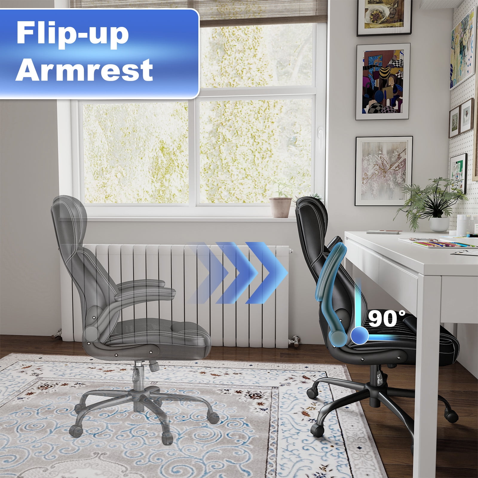 High-Back Executive Office Chair, Black PU Leather, Adjustable Armrests, Headrest & Lumbar Support, Ergonomic Swivel Boss Chair