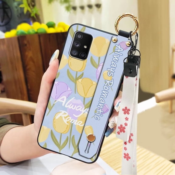 KDY-Phone Case For Samsung Galaxy A71 5G, Flower Wrist Strap Ring Back Cover Durable Lanyard Fashion Design Anti-dust Dirt-resistant Waterproof Shockproof Protective Wristband Silicone