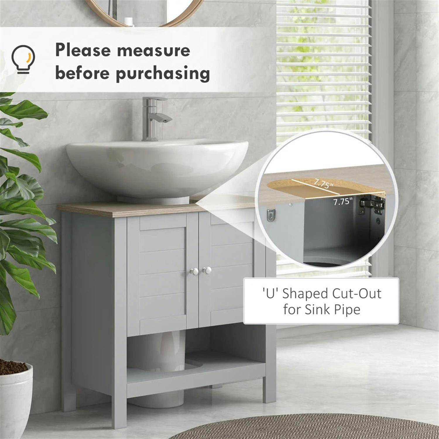 Demi Bonn 23" Bathroom Vanity with Open Bottom Shelf, U-Shape Cut-Out and Adjustable Shelf, Pedestal Sink 2-Door Cabinet, Under Sink Cabinet, Gray