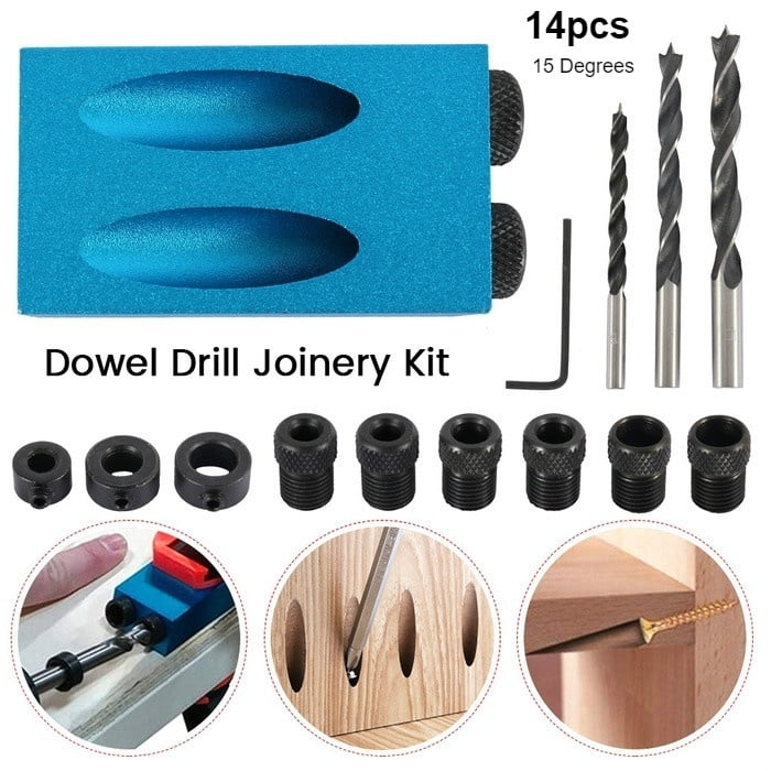 14 Pcs Inclined Hole Pockethole Jig Screw Set 15° Angle With Dowel Drill Bit 