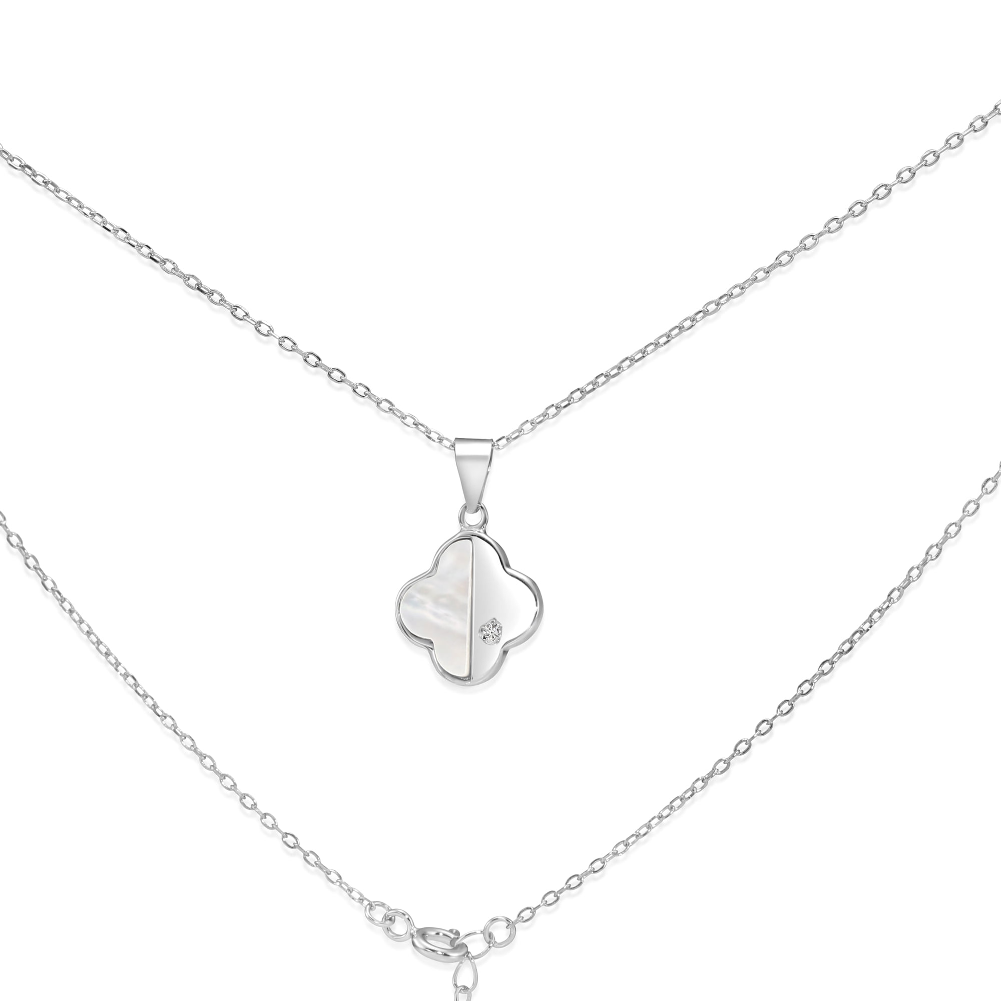 Tilo Jewelry Solid 925 Sterling Silver Mother of Pearl Four Leaf Clover Pendant Necklace with Cubic Zirconia CZ Stone for Women & Unisex | Adjustable 20 Inch to 22 Inch Cable Chain