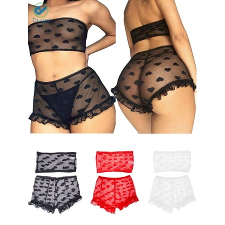 Deago Women Plus Size Lace Sexy Bra Lingerie Two Piece Babydoll Bra Panty G-string Underwear Sleepwear Set (S  Red)