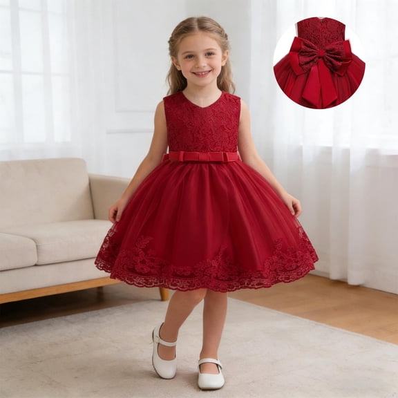 DAETIROS Girls Formal Dress Kids Kids Flower Girl Wedding Party Tulle Lace Tutu Red Princess Soft Comfortable,Size 6-7 T
