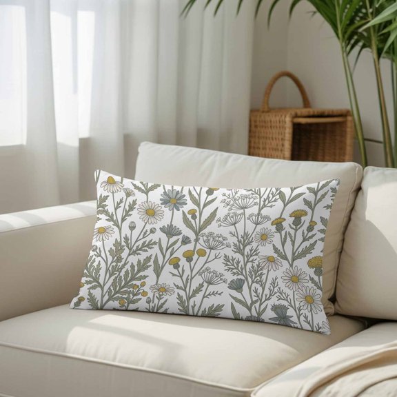 Spring Daisy Flower Herbs Plant Throw Pillow Covers, Decorative Pillow Covers With Hidden Zipper Soft Brushed Microfiber Fabric, Pastoral Floral Sketch Pillowcases for Couch Bed 12x20in