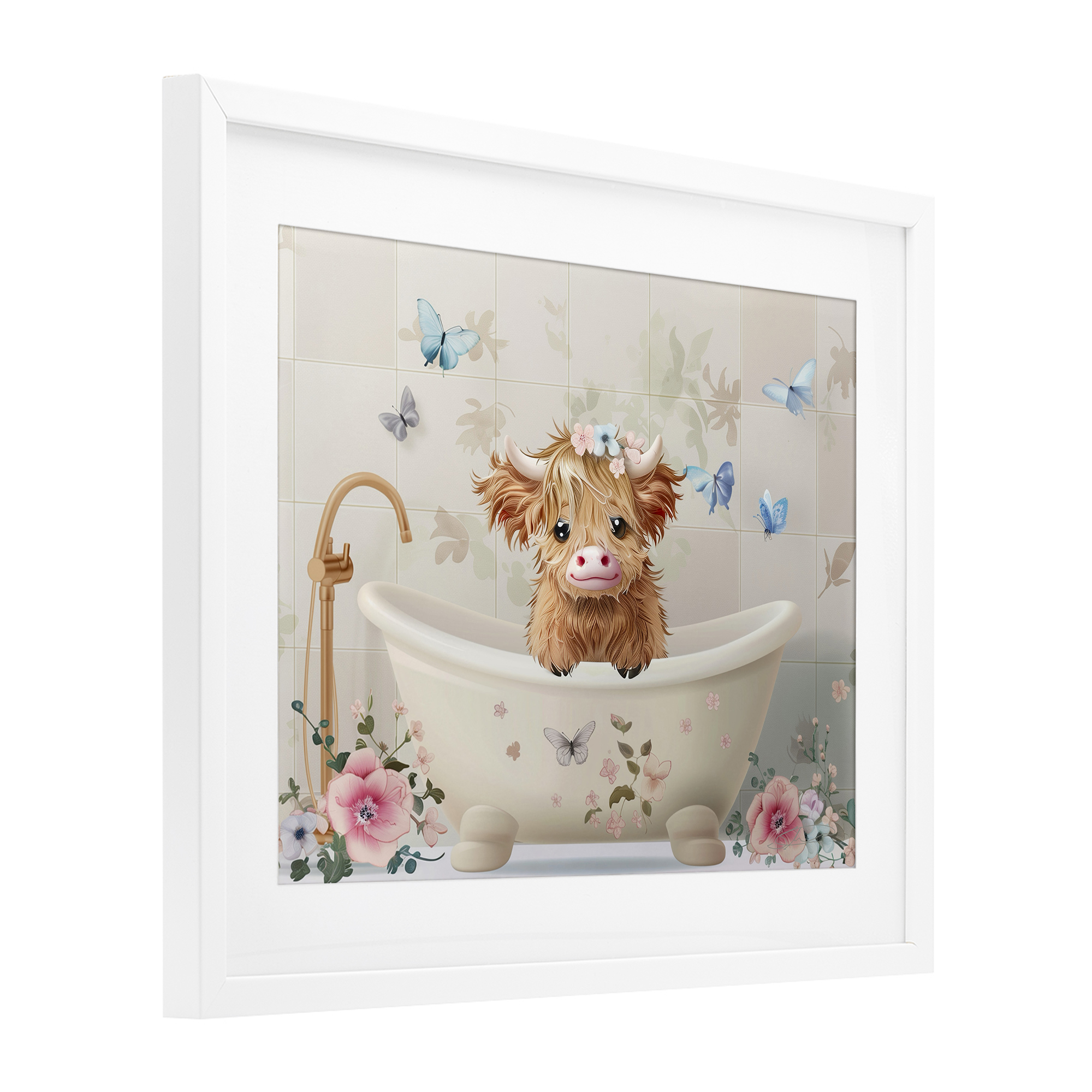 Baby Cattle in Floral Tub White Framed Print Under Glass, design by Shawna Stewart