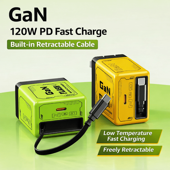 120W GaN Fast Charger - Super Flash Charging Adapter with Built-in Retractable Cable & Multi-Port PD Support