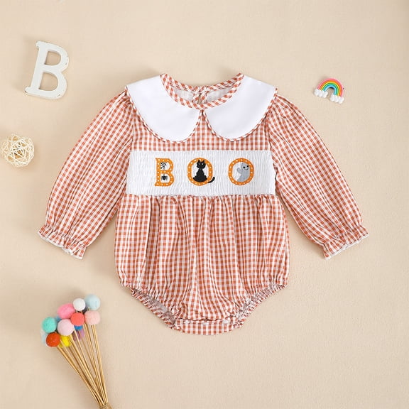 XIMIN Newborn Baby Girl Halloween Outfit Pumpkin/Black Cat Embroidery Plaid Smocked Bubble Onesie Romper Long Puff Sleeve Bodysuit Infant Fall Clothes