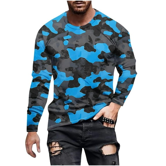 YUGYXL Mens Shirts Long Sleeve Casual Stylish Print Workout Crewneck Sweatshirts Loose Fit Camo Pullover Tees Blue XXL