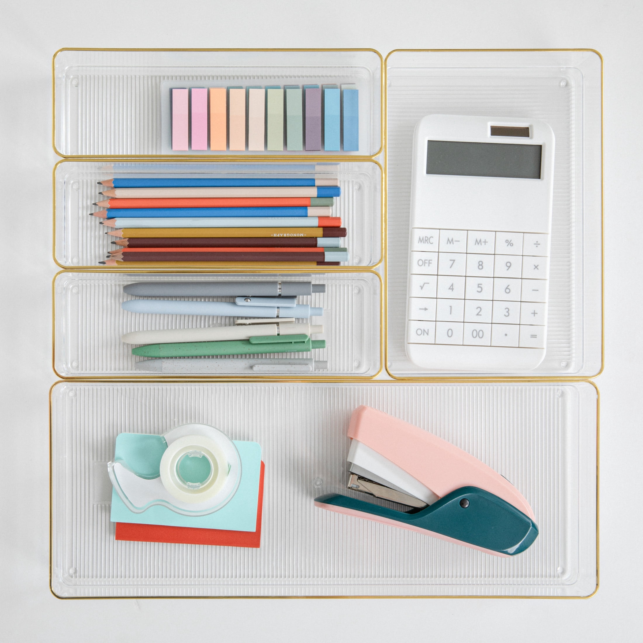 Martha Stewart Kerry Plastic Stackable Office Desk Drawer Organizers with Gold Trim, Various Sizes, Set of 5