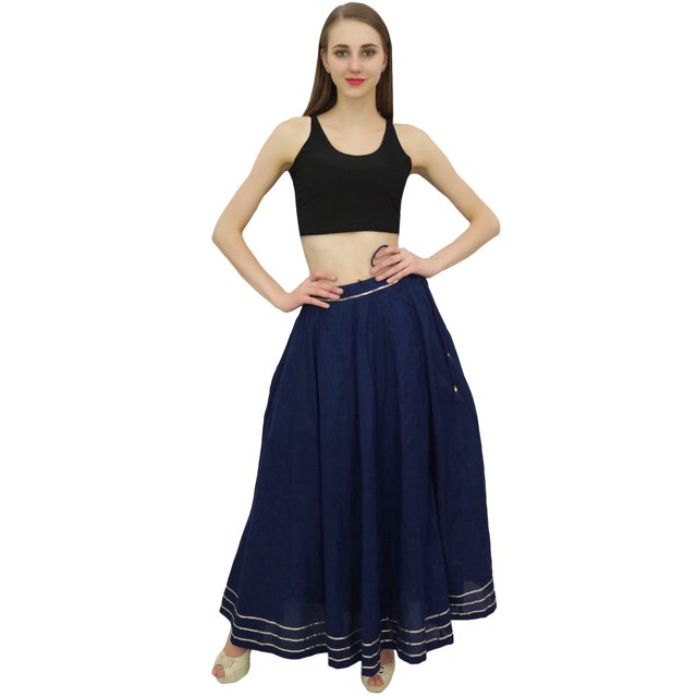 Bimba Jupe Maxi à Taille Froncée avec Cordon de Serrage Bleu Marine Design Gota Patti pour Femmes-3TG