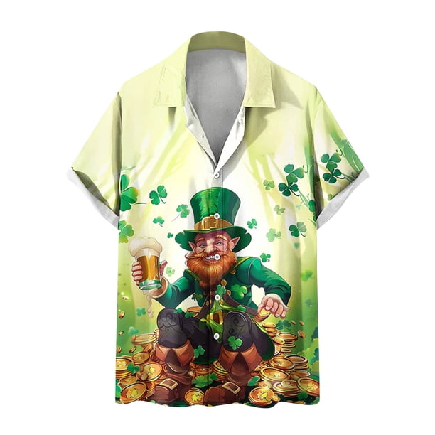 Camisas de Manga Corta de los Hombres Botón de Impresión Del Día de San Patricio Blusa de Cuello Casual, Spandex de Poliéster para las Vacaciones