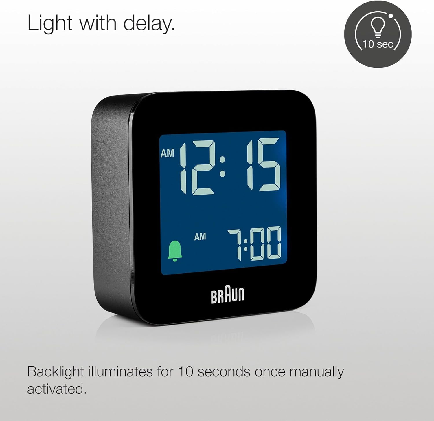 Braun Digital Travel Alarm Clock with Snooze, Compact Size, Negative LCD Display, Quick Set, Crescendo Beep Alarm in Black, model BC08B.