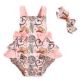 thumbnail image 5 of ZEHJUHAN Baby Girls' Ruffle Sleeveless Halter Romper + Headband Set, Bow Print Summer Outfit with Snap Closure Pink1，0-6M, 5 of 9