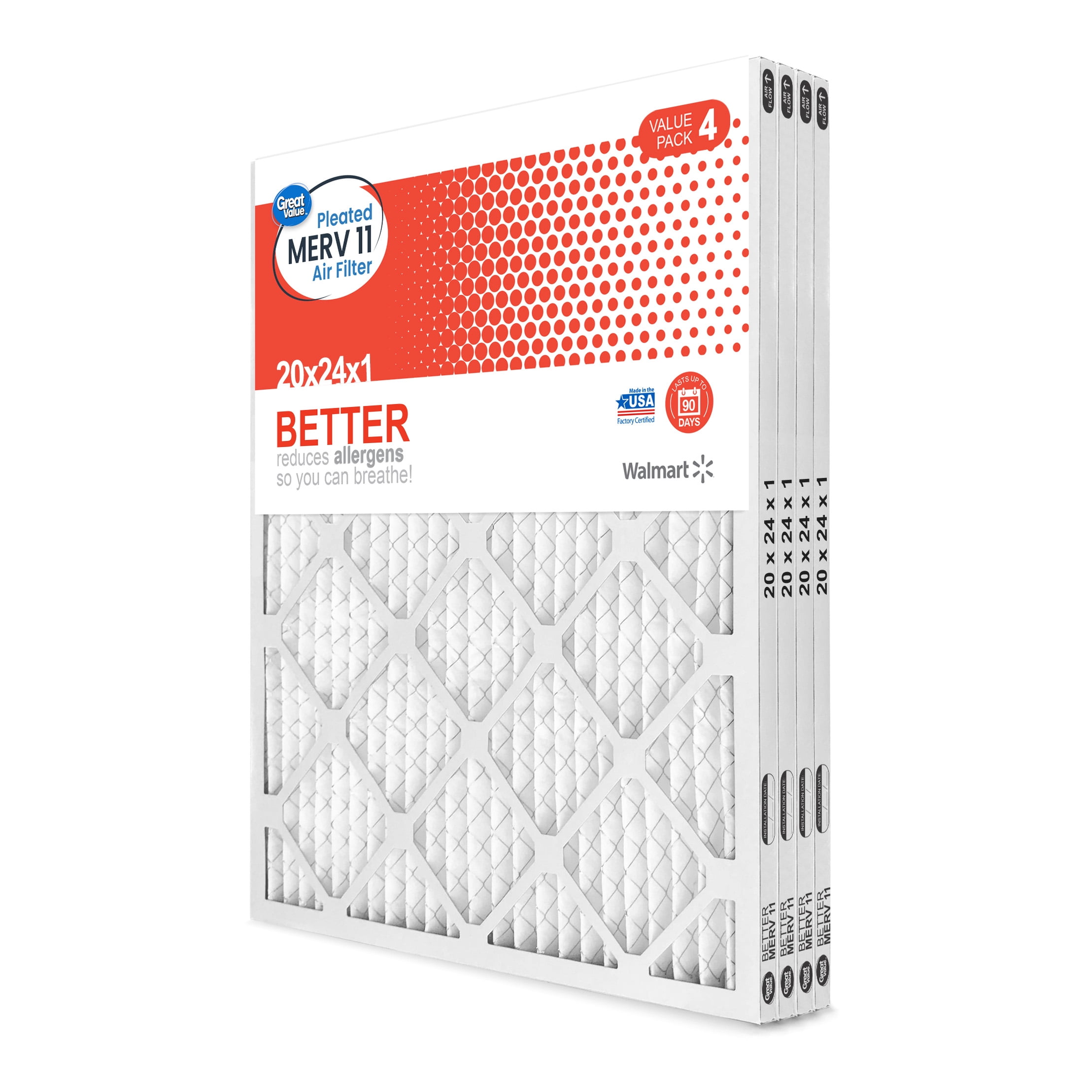 Great Value; 20x24x1; MERV 11 BETTER HVAC Air and Furnace Filter; Reduces Allergens; 4 Filters