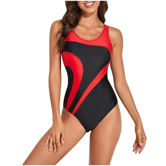 Eiyaclvo One Piece Swimsuits for Women Trendy Color Block Crew Neck Bathing Swimwear Slimming High Waisted Bathing Suits Athlertic Sport Swim Suits Size M