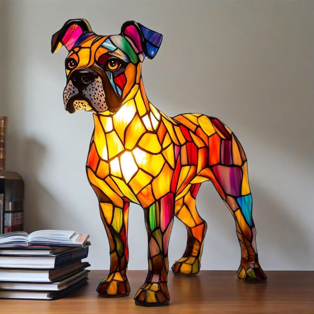Dollars Dog Series Art Night Light, Stained Resin Desk Light Dog Lamp, LED Night Light for Home Room Decor Fun Gift for Dog Lover(Boxer)