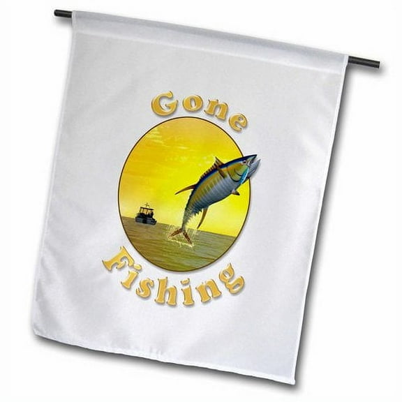 3dRose, Gone Fishing Letters with Graphic with Fishing Boat and Tuna, 12 x 18 inch Garden Flag