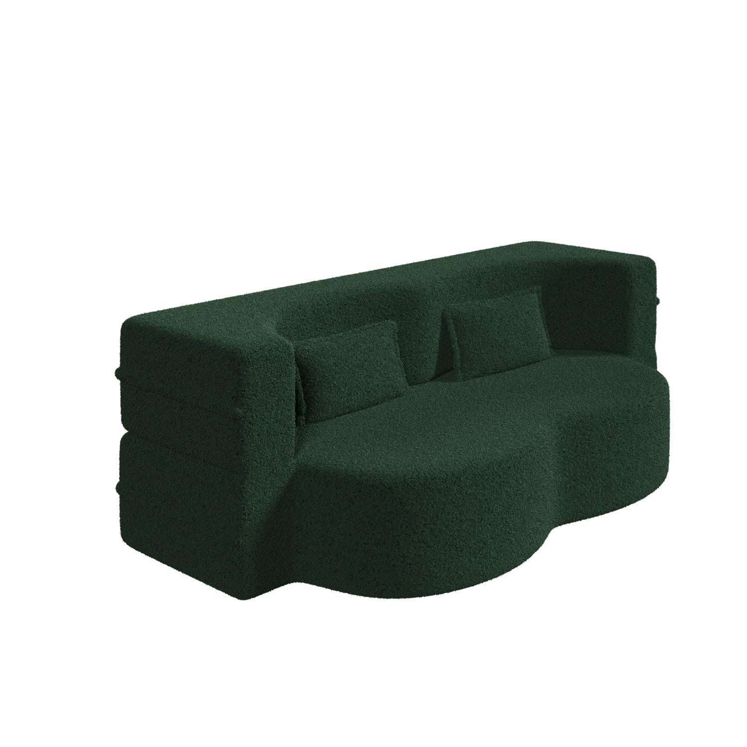 Demi Bonn 78" Modern Floor Sofa Bed with 2 Pillows, Convertible Teddy Fabric Full Size 15" Foam Mattress, No Assembly, Stylish Sleeper Couch for Living Room, Green