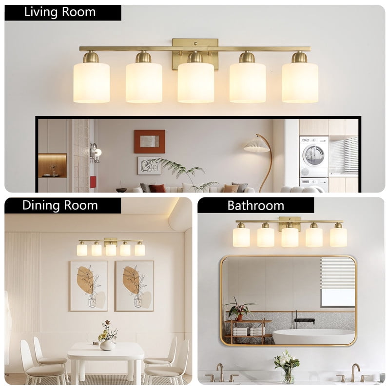31.5" Gold Bathroom Vanity Light Fixture – 5-Light Modern Wall Sconce with Frosted Glass Shades, E26 Socket (Bulbs Not Included)